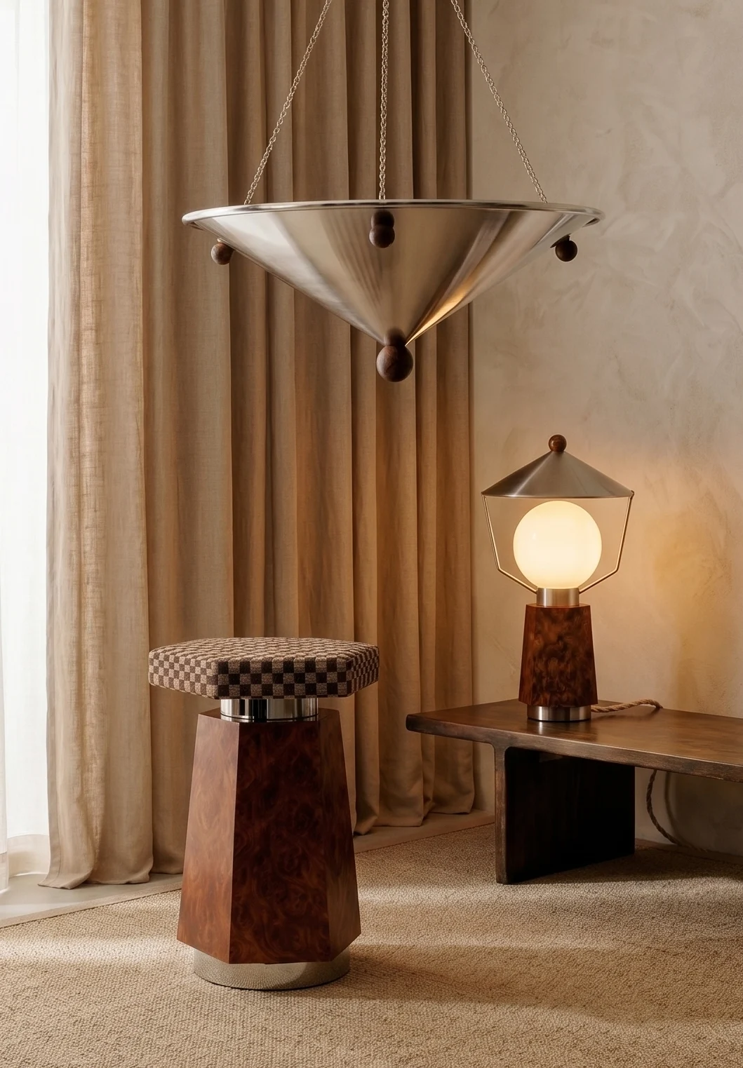 La sacré collection en situation : suspension conique, tabouret et lampe à poser réunis dans un intérieur méditerranéen